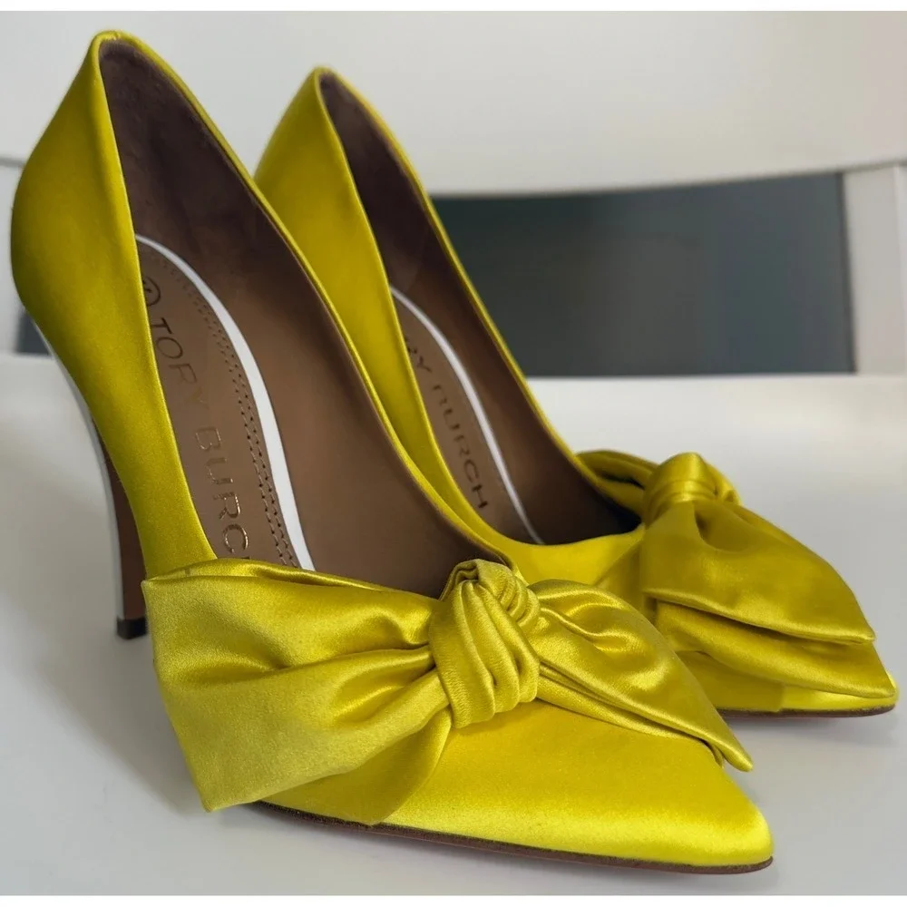 Tory‎ Burch Yellow Satin Bow Pointed Toe Pumps White Stiletto Heels Womens 5.5